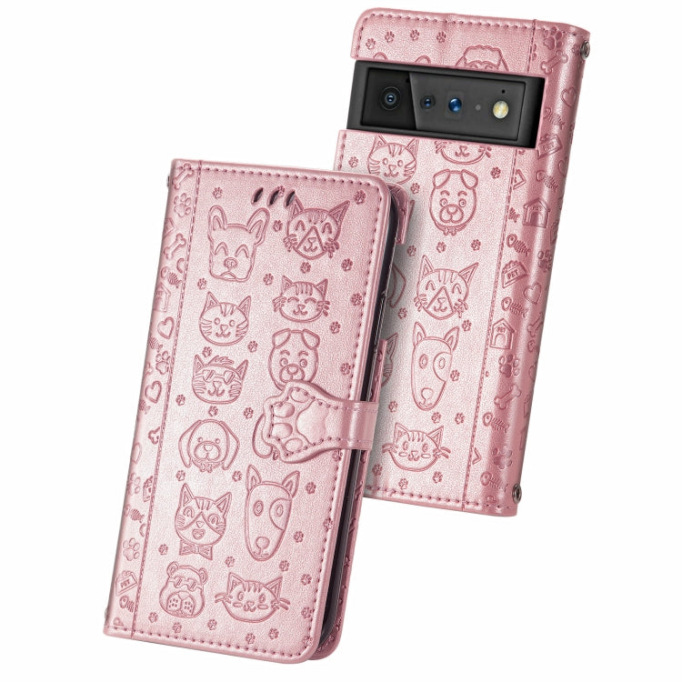 Cat and Dog Embossed Horizontal Flip Phone Leather Case with Holder & Card Slot & Wallet & Lanyard, For Google Pixel 6