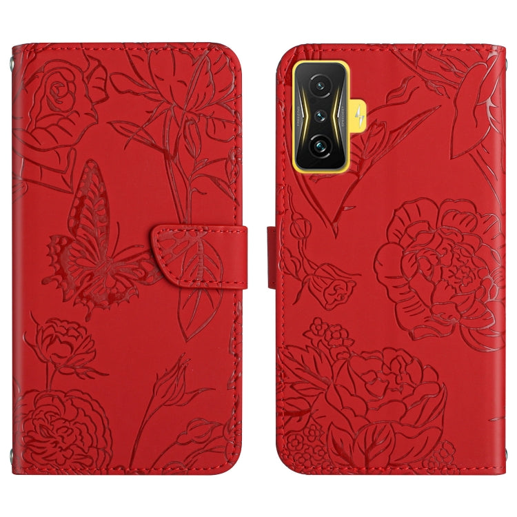 Skin Feel Butterfly Peony Embossed Leather Phone Case, For Samsung Galaxy M53, For Sharp Aquos R7, For Xiaomi Poco F4 GT
