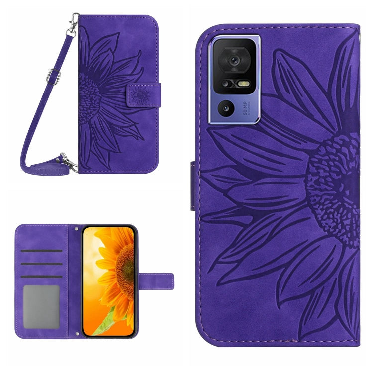 HT04 Skin Feel Sun Flower Embossed Flip Leather Phone Case with Lanyard, For OPPO Reno8 T 4G, For TCL 40 SE