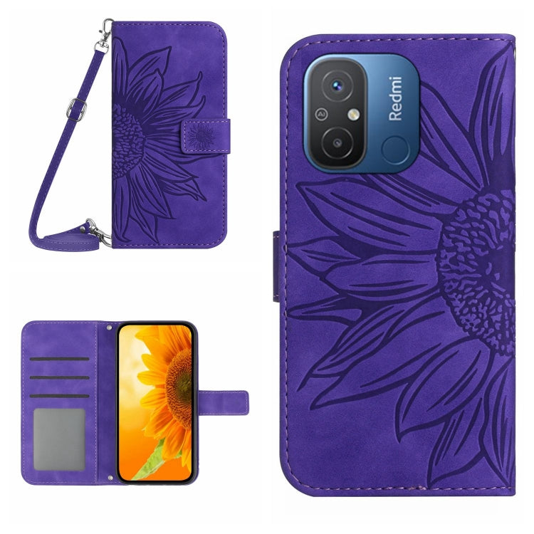 HT04 Skin Feel Sun Flower Embossed Flip Leather Phone Case with Lanyard, For Xiaomi Redmi 11A 4G