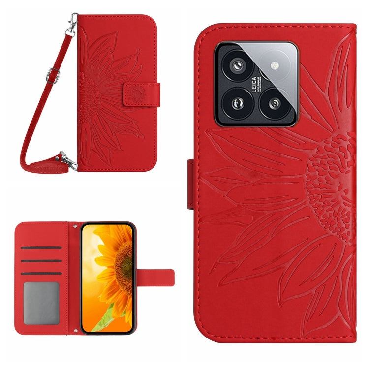 Skin Feel Sun Flower Embossed Flip Leather Phone Case with Lanyard, For Xiaomi 14 Ultra, For Xiaomi 14 Pro