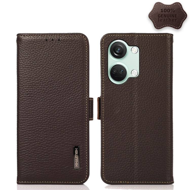 KHAZNEH Side-Magnetic Litchi Genuine Leather RFID Phone Case, For OnePlus 12R, For OnePlus 12, For OnePlus Ace 2 Pro, For OnePlus Nord 3