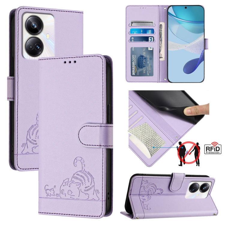 Cat Rat Embossed Pattern RFID Leather Phone Case with Lanyard, For Realme 10T 5G / 10S 5G, For Realme GT3 5G / GT Neo 5 240W, For Realme 10 Pro 5G, For Realme 10 Pro+ 5G