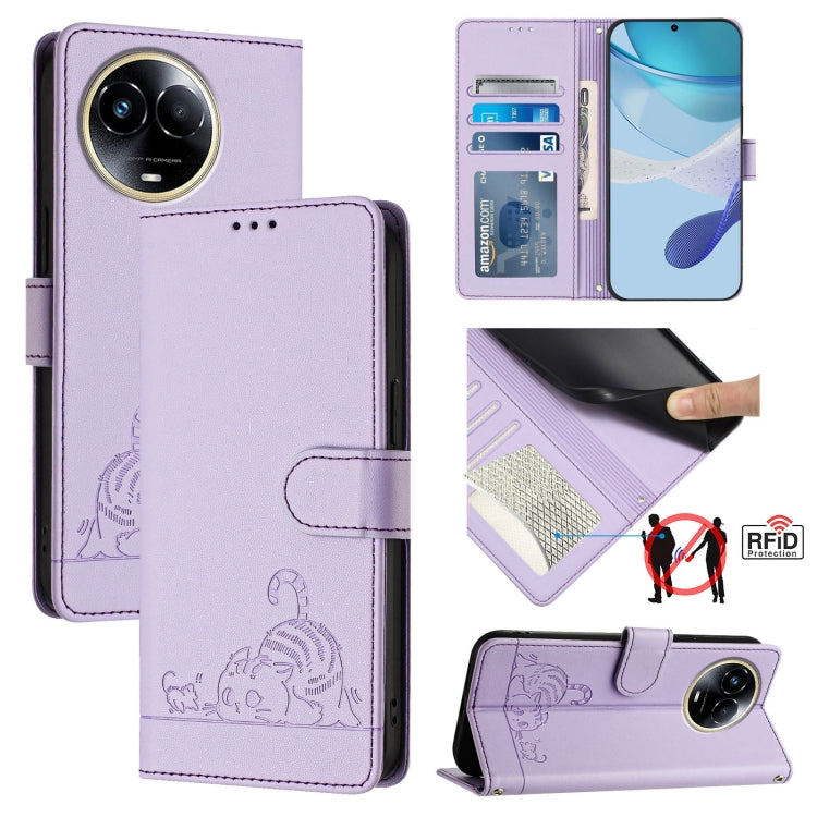 Cat Rat Embossed Pattern RFID Leather Phone Case with Lanyard, For Realme C67 4G Global, For Realme 11 5G Global / 11X 5G, For Realme C67 5G India, For Realme Narzo 60x 5G Global