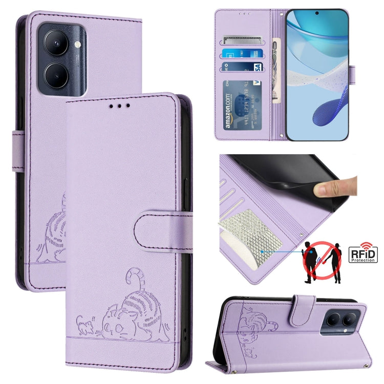 Cat Rat Embossed Pattern RFID Leather Phone Case with Lanyard, For Realme C55 4G Global, For Realme Narzo N55, For Realme C33 2022 Global, For Realme C33 2023 Global