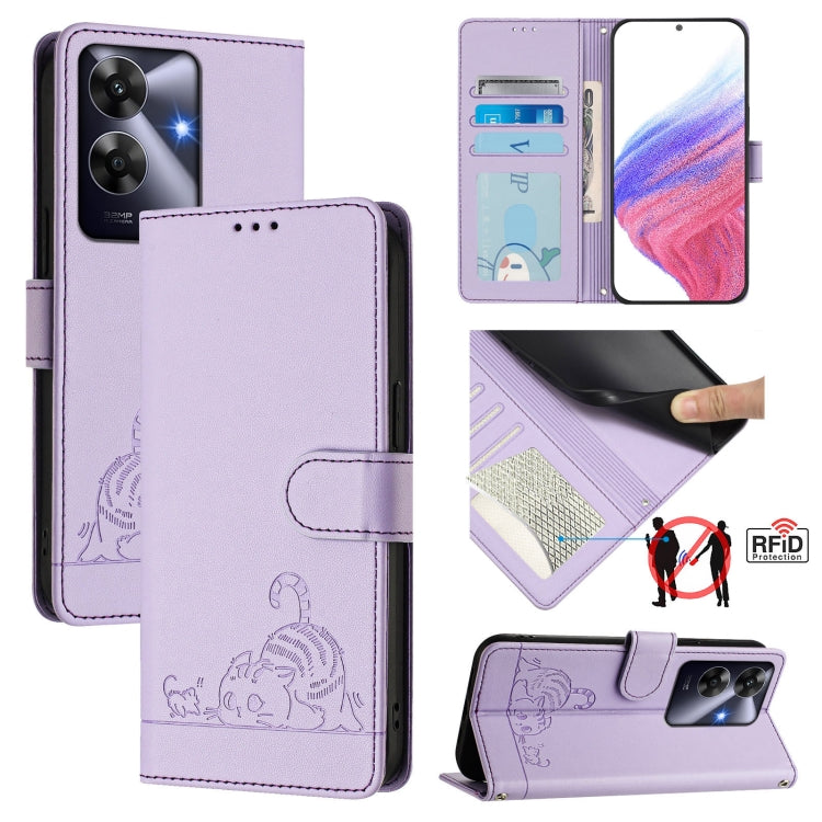 Cat Rat Embossed Pattern RFID Leather Phone Case with Lanyard, For Realme 14 Pro 5G, For Realme GT 7 Pro 5G, For Realme C63 5G Global, For Realme Note 60 4G Global