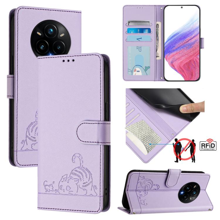 Cat Rat Embossed Pattern RFID Leather Phone Case with Lanyard, For Realme 14 5G Global / P3 5G India, For Realme P3 Ultra 5G Global, For Realme P3 5G Global, For Realme 14 Pro+ 5G