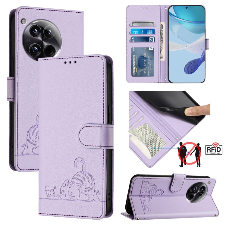 Cat Rat Embossed Pattern RFID Leather Phone Case with Lanyard, For OnePlus Nord CE4 5G, For OnePlus Nord N30 SE 5G, For OnePlus 12R 5G Global, For OnePlus 12 5G Global