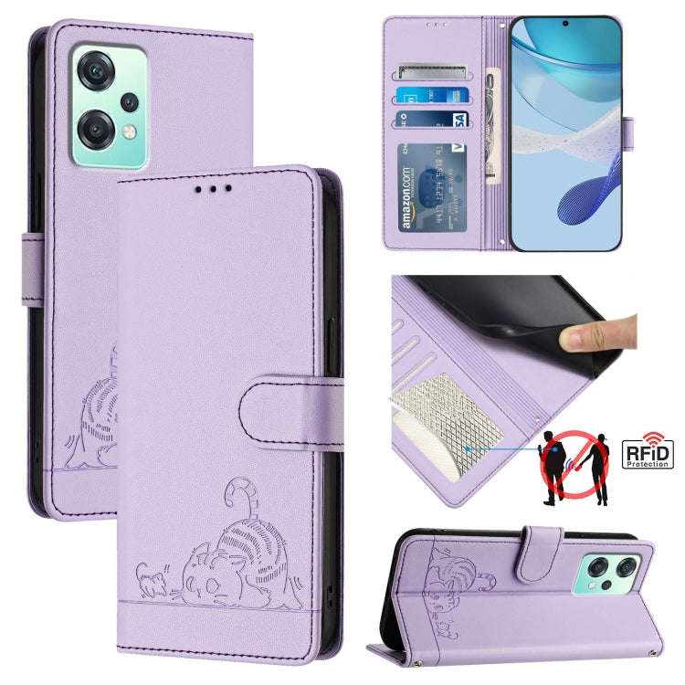Cat Rat Embossed Pattern RFID Leather Phone Case with Lanyard, For OnePlus Nord 4 5G, For OnePlus Nord 4 5G Global, For OnePlus Nord CE4 Lite, For OnePlus Nord 2 Lite