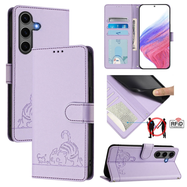 Cat Rat Embossed Pattern RFID Leather Phone Case with Lanyard, For Samsung Galaxy S26 5G, For Samsung Galaxy S25 Edge 5G, For Samsung Galaxy S25 5G, For Samsung Galaxy S25+ 5G