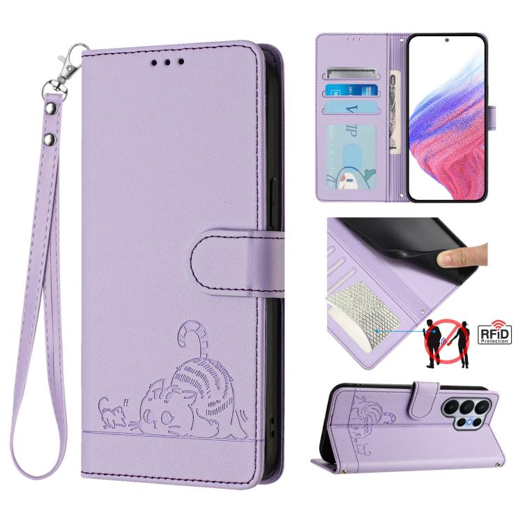 Cat Rat Embossed Pattern RFID Leather Phone Case with Lanyard, For Galaxy S26 FE 5G, For Samsung Galaxy S26+ 5G, For Samsung Galaxy S26 Edge 5G, For Samsung Galaxy S26 Ultra 5G