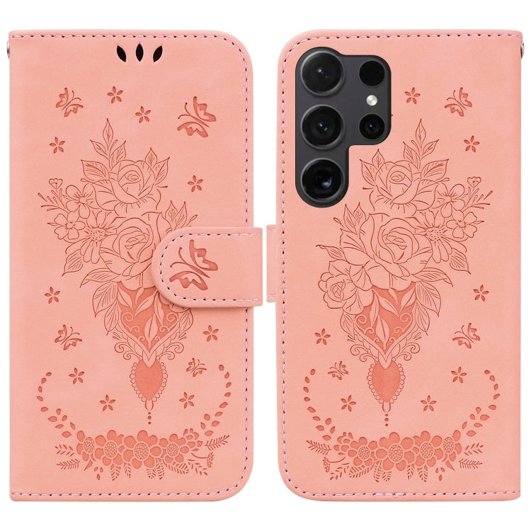 Butterfly Rose Embossed Leather Phone Case, For Samsung Galaxy S25 Ultra 5G
