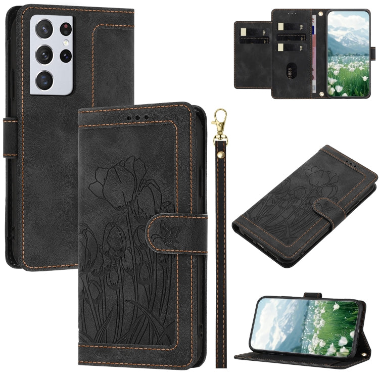 Tulips Embossed Leather Phone Case with Lanyard, For Samsung Galaxy S21+ 5G, For Samsung Galaxy S21 Ultra 5G