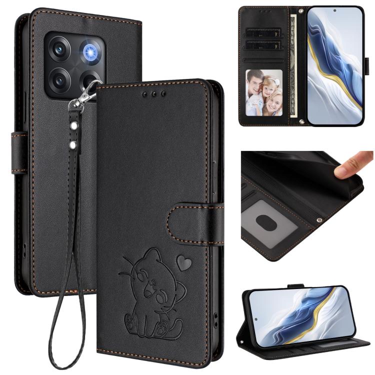 Embossed Heart Cat Leather Phone Case with Hand Strap, For OnePlus Nord N300, For OnePlus 10T 5G / Ace Pro 5G
