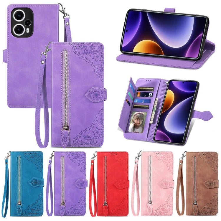 Embossed Flower Zipper Leather Phone Case, For Xiaomi POCO F5