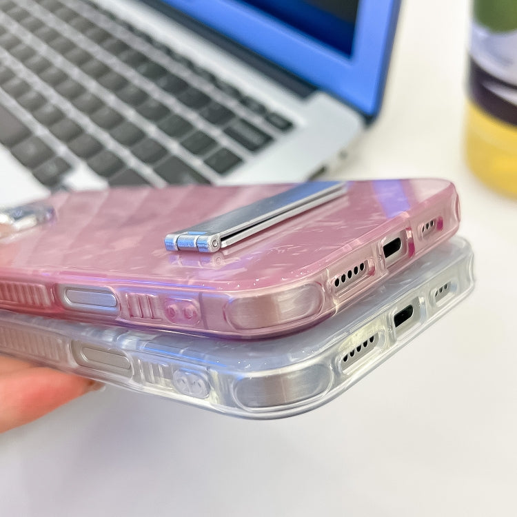 Plating Glitter Texture Fold Holder TPU Phone Case with Lens Film, For iPhone 15