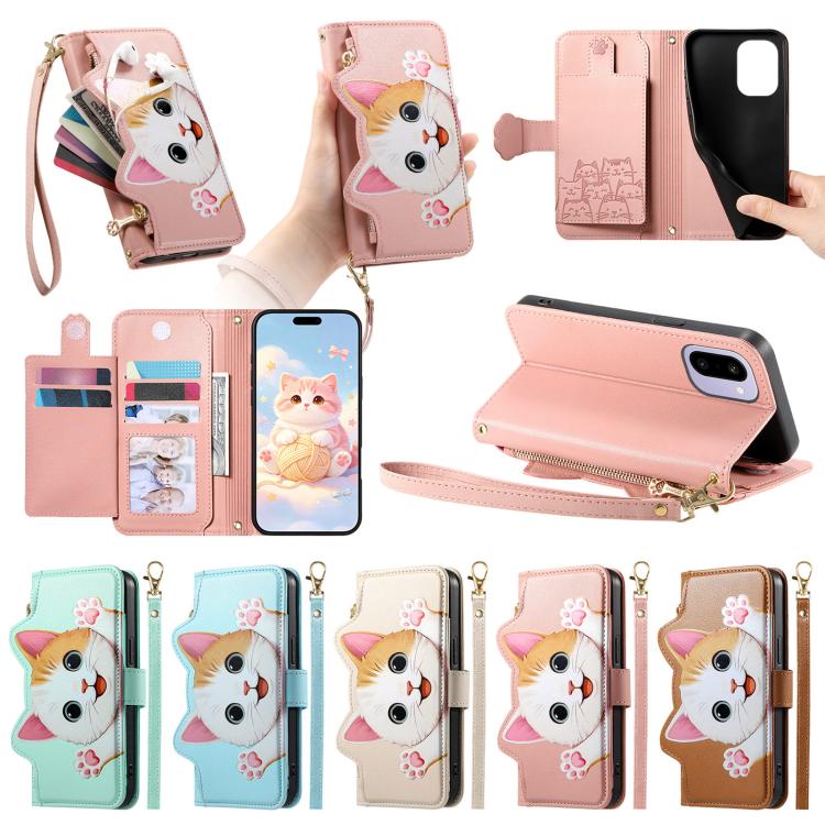Cat-shaped Zipper Wallet Vegan Leather Phone Case with Strap, For OnePlus 15, For OnePlus Nord 5 5G, For OnePlus Nord CE5 5G