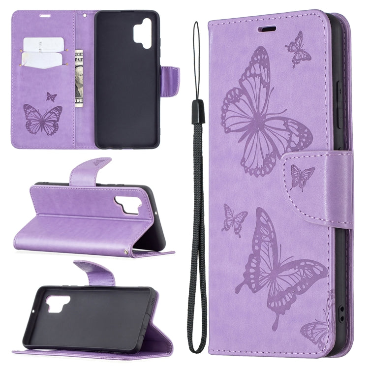 Two Butterflies Embossing Pattern Horizontal Flip Leather Case with Holder & Card Slot & Wallet & Lanyard, For Samsung Galaxy A32 4G