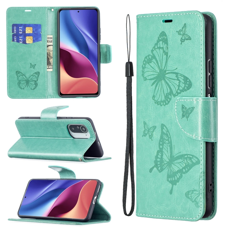 Two Butterflies Embossing Pattern Horizontal Flip Leather Case with Holder & Card Slot & Wallet & Lanyard, For Xiaomi Mi 11i / Poco F3 / Redmi K40
