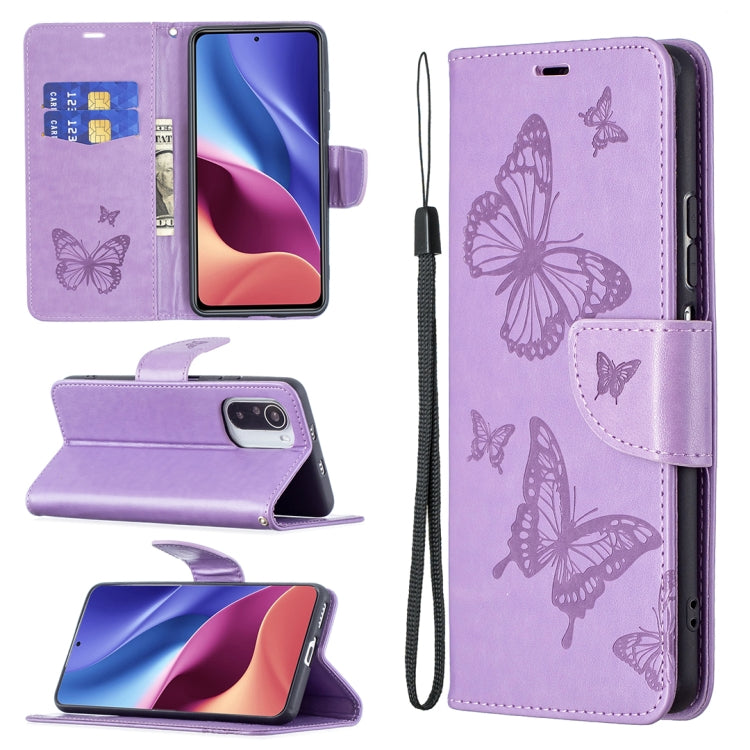 Two Butterflies Embossing Pattern Horizontal Flip Leather Case with Holder & Card Slot & Wallet & Lanyard, For Xiaomi Mi 11i / Poco F3 / Redmi K40