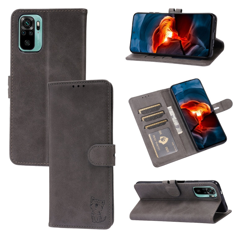 Embossed Happy Cat Pattern Horizontal Flip Leather Case with Holder & Card Slots & Wallet, For Xiaomi Redmi Note 10 4G, For Xiaomi Redmi Note 10 5G, For Xiaomi Redmi Note 10 Pro