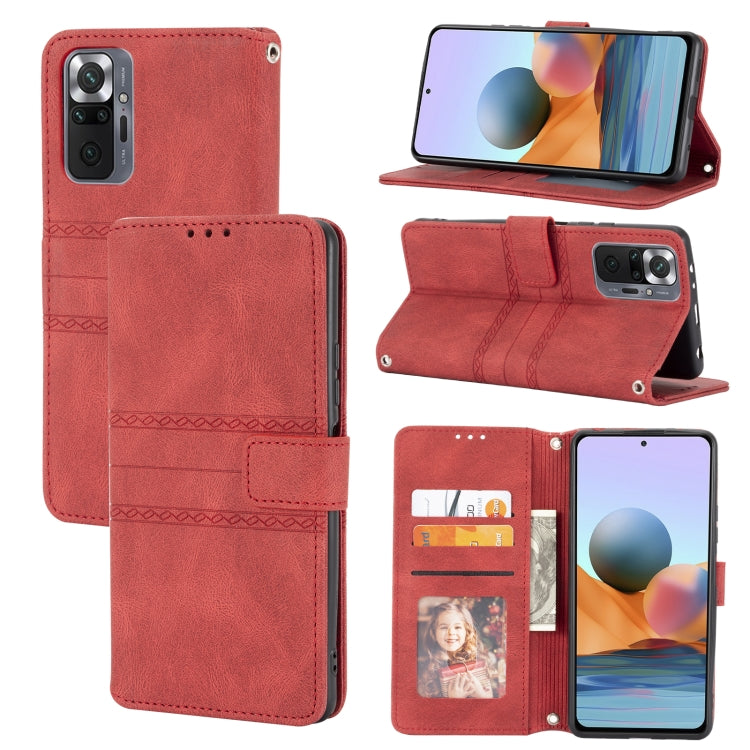 Embossed Striped Magnetic Buckle PU + TPU Horizontal Flip Leather Case with Holder & Card Slot & Wallet & Photo Frame & Sling, For Xiaomi Redmi Note 10 Pro 5G, For Xiaomi Redmi Note 10 Pro Max