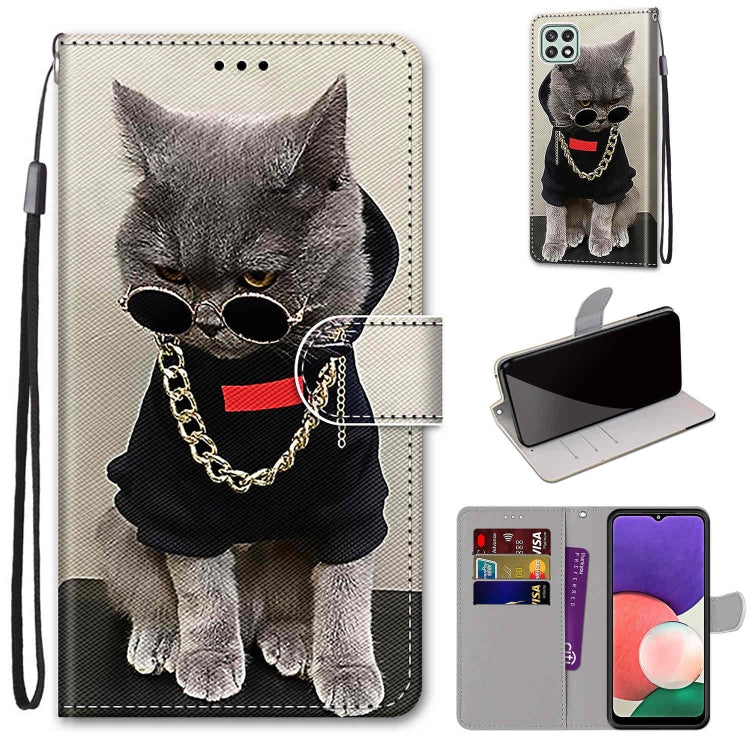 Coloured Drawing Cross Texture Horizontal Flip PU Leather Case with Holder & Card Slots & Wallet & Lanyard, For Samsung Galaxy A22 5G