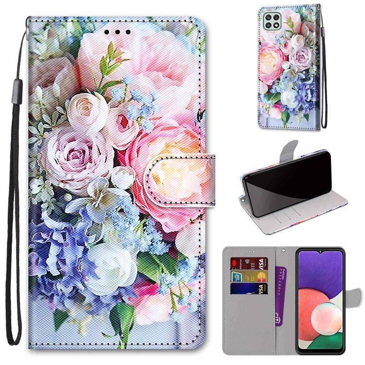 Coloured Drawing Cross Texture Horizontal Flip PU Leather Case with Holder & Card Slots & Wallet & Lanyard, For Samsung Galaxy A22 5G