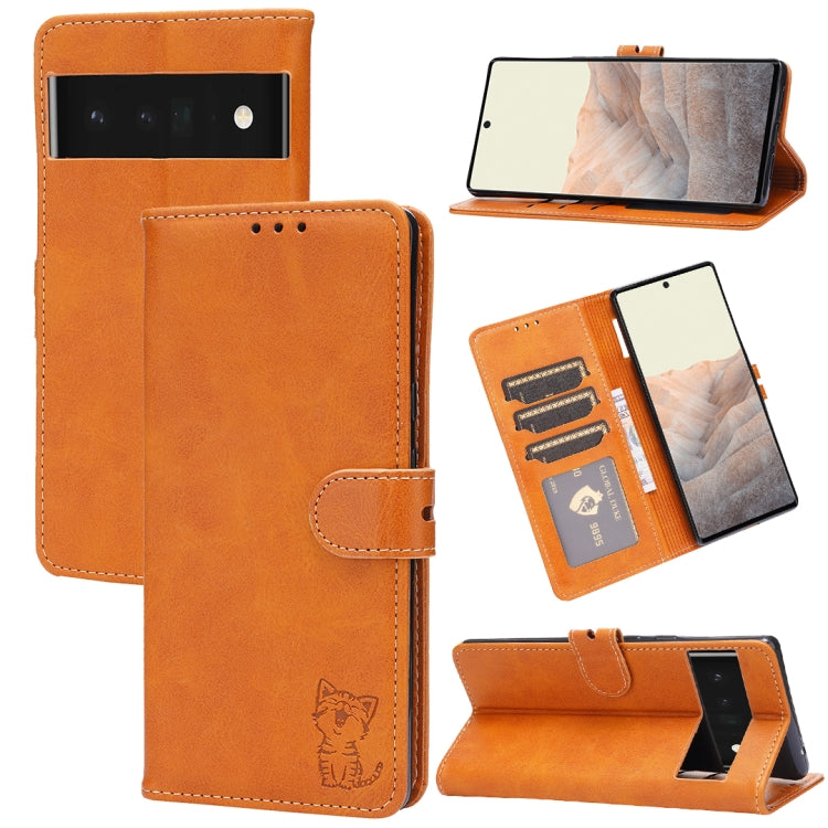 Embossed Happy Cat Pattern Horizontal Flip Leather Case with Holder & Card Slots & Wallet, For Google Pixel 6, For Google Pixel 6 Pro