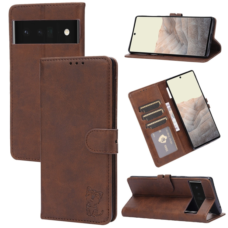 Embossed Happy Cat Pattern Horizontal Flip Leather Case with Holder & Card Slots & Wallet, For Google Pixel 6, For Google Pixel 6 Pro