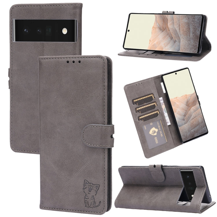 Embossed Happy Cat Pattern Horizontal Flip Leather Case with Holder & Card Slots & Wallet, For Google Pixel 6, For Google Pixel 6 Pro