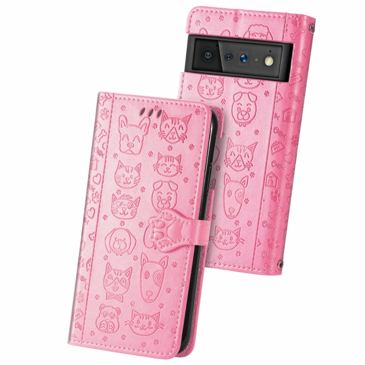 Cat and Dog Embossed Horizontal Flip Phone Leather Case with Holder & Card Slot & Wallet & Lanyard, For Google Pixel 6
