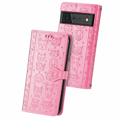 Cat and Dog Embossed Horizontal Flip Phone Leather Case with Holder & Card Slot & Wallet & Lanyard, For Google Pixel 6