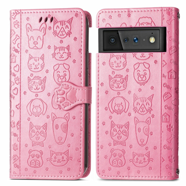 Cat and Dog Embossed Horizontal Flip Phone Leather Case with Holder & Card Slot & Wallet & Lanyard, For Google Pixel 6
