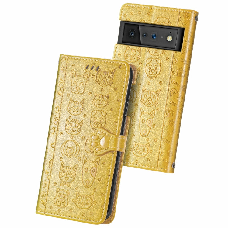 Cat and Dog Embossed Horizontal Flip Phone Leather Case with Holder & Card Slot & Wallet & Lanyard, For Google Pixel 6