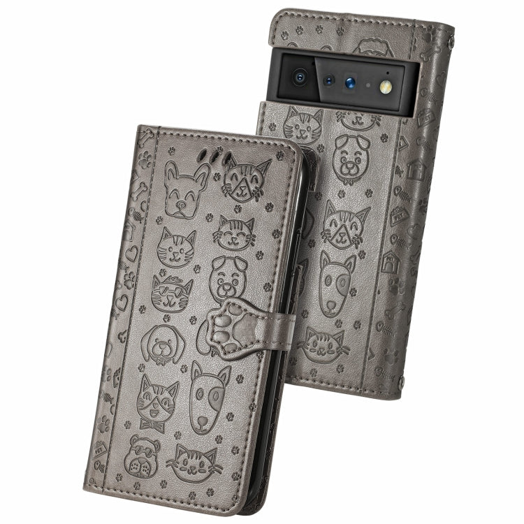 Cat and Dog Embossed Horizontal Flip Phone Leather Case with Holder & Card Slot & Wallet & Lanyard, For Google Pixel 6