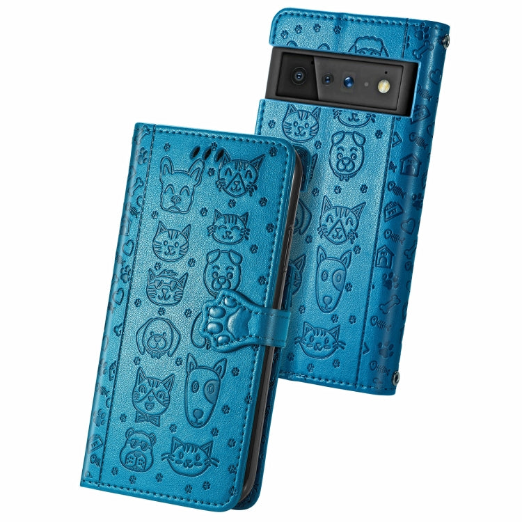Cat and Dog Embossed Horizontal Flip Phone Leather Case with Holder & Card Slot & Wallet & Lanyard, For Google Pixel 6