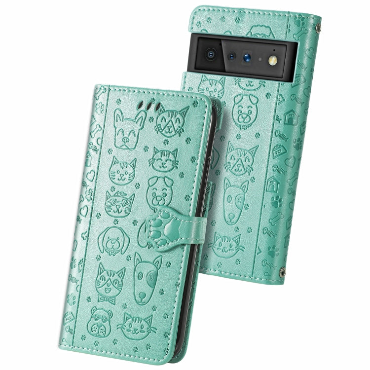 Cat and Dog Embossed Horizontal Flip Phone Leather Case with Holder & Card Slot & Wallet & Lanyard, For Google Pixel 6
