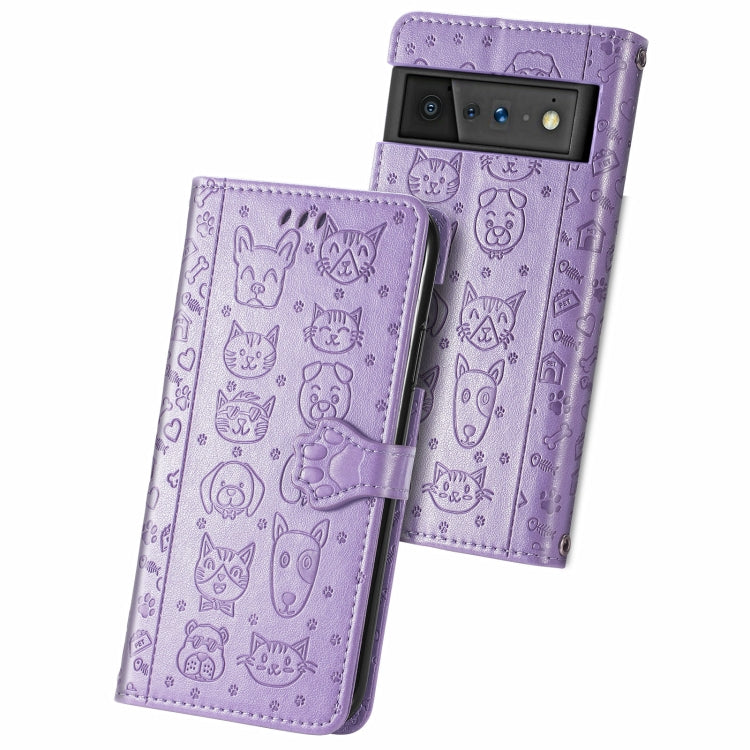 Cat and Dog Embossed Horizontal Flip Phone Leather Case with Holder & Card Slot & Wallet & Lanyard, For Google Pixel 6