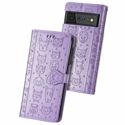Cat and Dog Embossed Horizontal Flip Phone Leather Case with Holder & Card Slot & Wallet & Lanyard, For Google Pixel 6