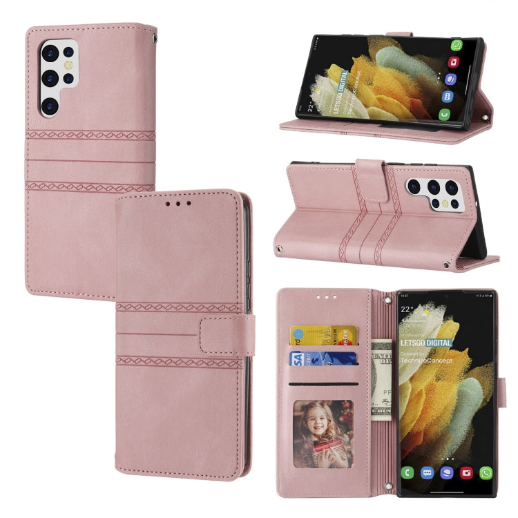Embossed Striped Magnetic Buckle Horizontal Flip Phone Leather Case, For Samaung Galaxy S22 Ultra 5G