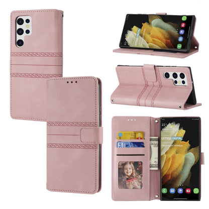 Embossed Striped Magnetic Buckle Horizontal Flip Phone Leather Case, For Samaung Galaxy S22 Ultra 5G