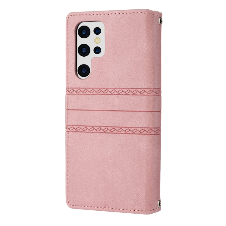Embossed Striped Magnetic Buckle Horizontal Flip Phone Leather Case, For Samaung Galaxy S22 Ultra 5G