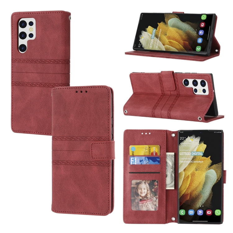 Embossed Striped Magnetic Buckle Horizontal Flip Phone Leather Case, For Samaung Galaxy S22 Ultra 5G