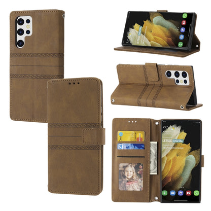 Embossed Striped Magnetic Buckle Horizontal Flip Phone Leather Case, For Samaung Galaxy S22 Ultra 5G