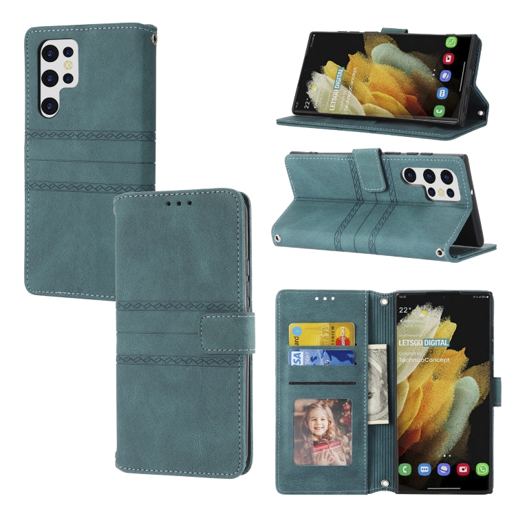 Embossed Striped Magnetic Buckle Horizontal Flip Phone Leather Case, For Samaung Galaxy S22 Ultra 5G