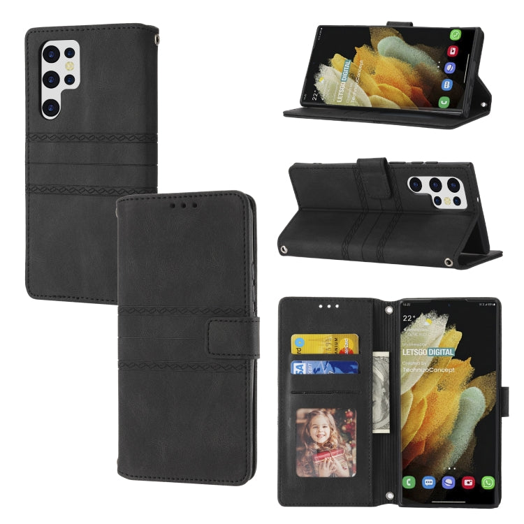 Embossed Striped Magnetic Buckle Horizontal Flip Phone Leather Case, For Samaung Galaxy S22 Ultra 5G