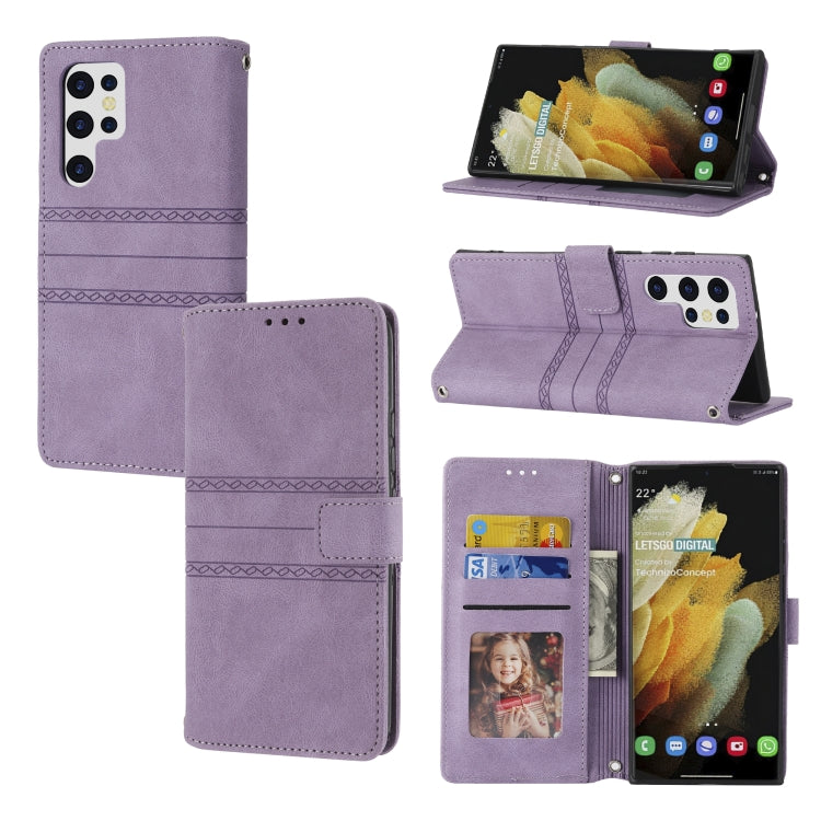 Embossed Striped Magnetic Buckle Horizontal Flip Phone Leather Case, For Samaung Galaxy S22 Ultra 5G