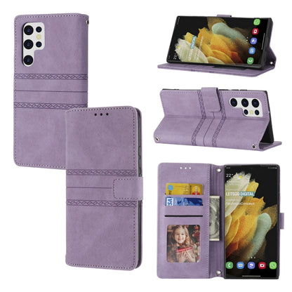 Embossed Striped Magnetic Buckle Horizontal Flip Phone Leather Case, For Samaung Galaxy S22 Ultra 5G