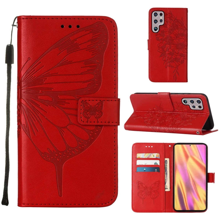 Embossed Butterfly Leather Phone Case with Holder & Card Slot & Wallet & Lanyard, For Samsung Galaxy S22+ 5G, For Samsung Galaxy S22 Ultra 5G, For Xiaomi Mi 11T 5G / 11T Pro 5G